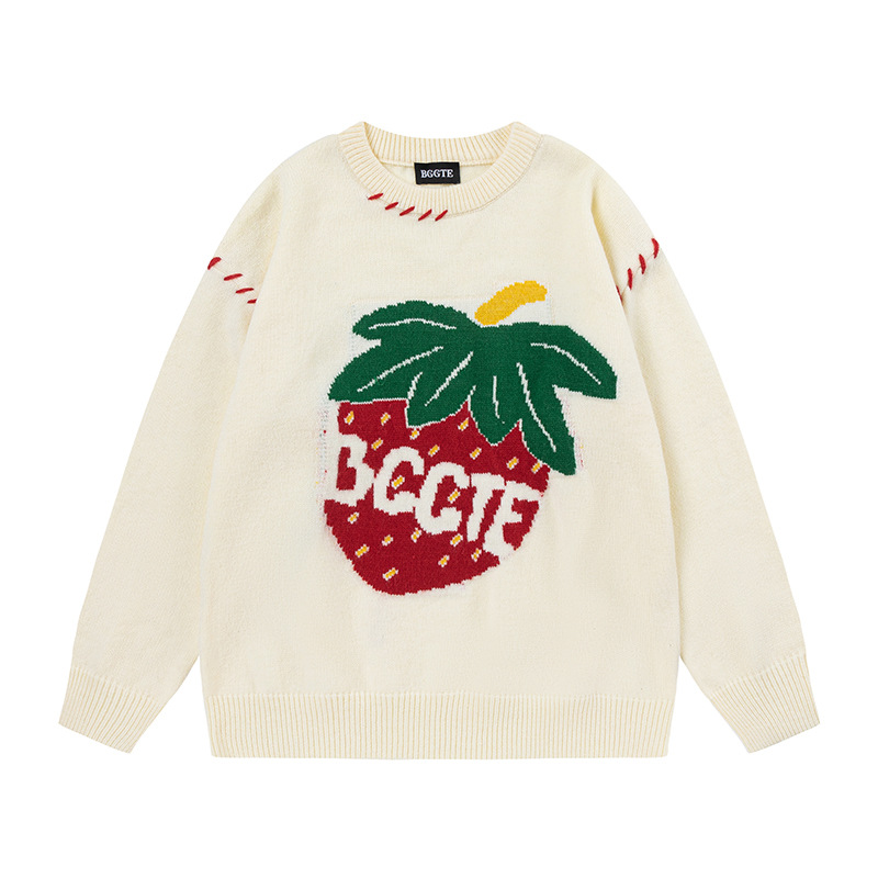 美式甜酷草莓提花針織衫慵懶風軟糯寬鬆情侶毛衣