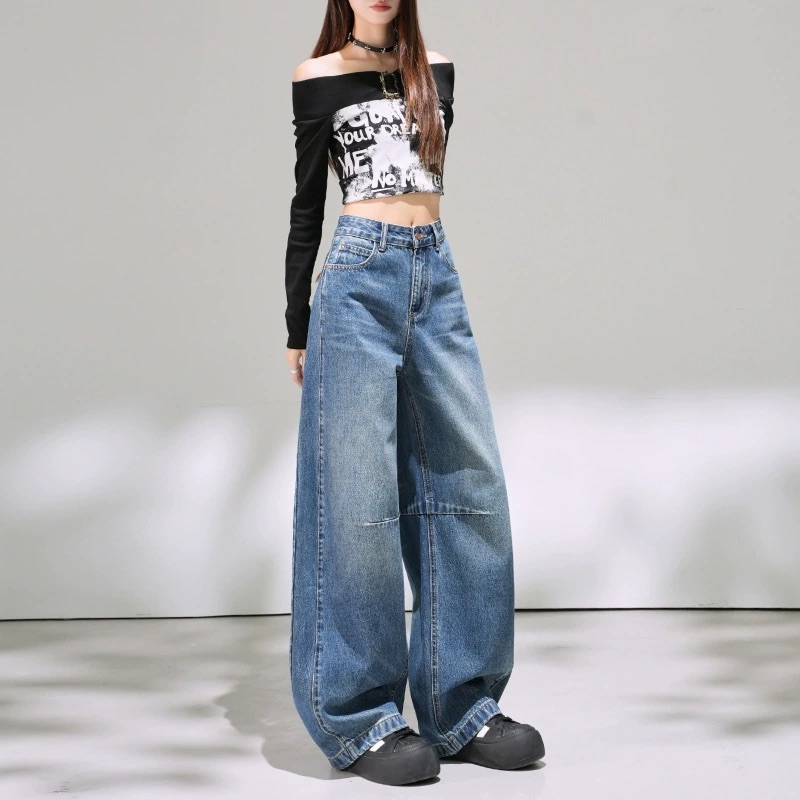 美式復古寬鬆簡約設計感彎刀褲直筒牛仔褲慵懶風潮流時尚長褲