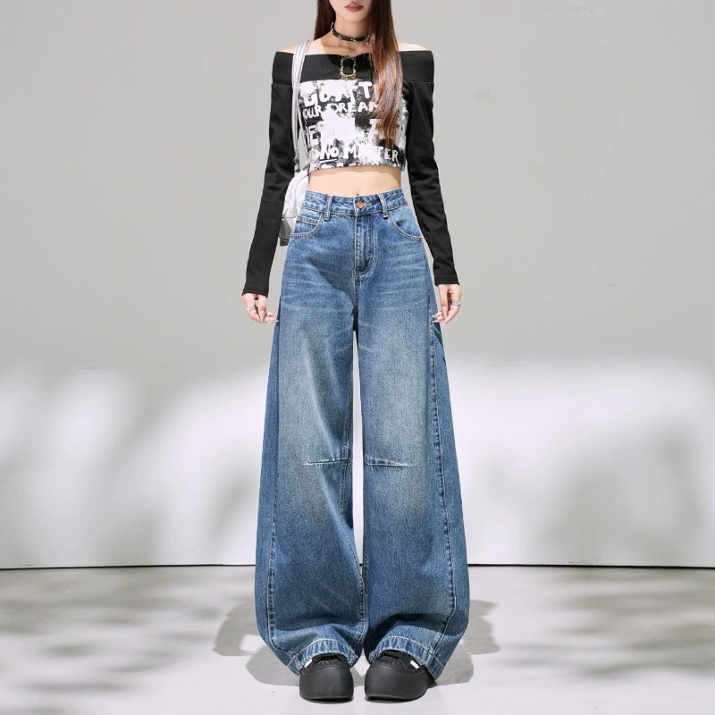 美式復古寬鬆簡約設計感彎刀褲直筒牛仔褲慵懶風潮流時尚長褲