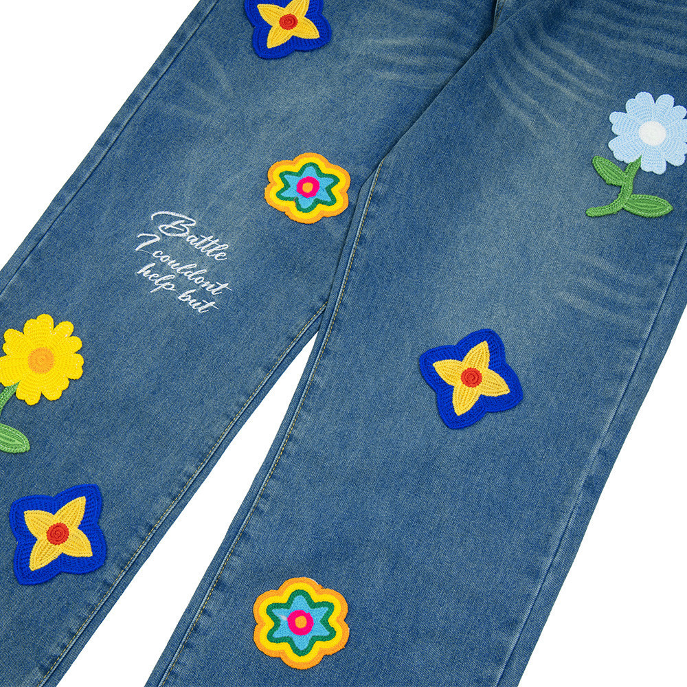 美式復古高街潮流設計感小眾刺繡花朵闊腿牛仔褲寬鬆直筒長褲