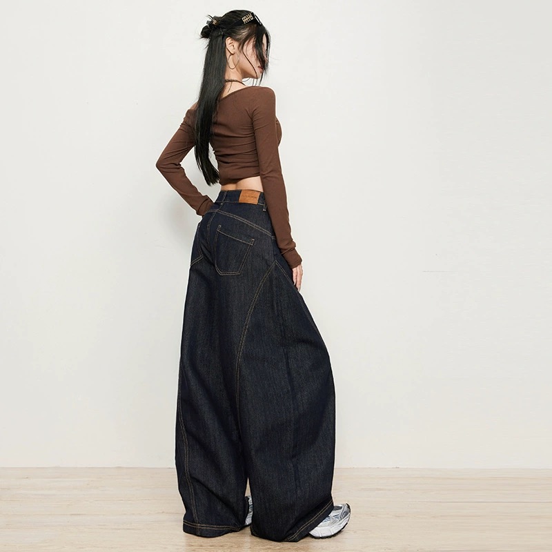 美式復古原色牛仔褲深藍色設計感彎刀牛仔褲寬鬆直筒復古寬褲