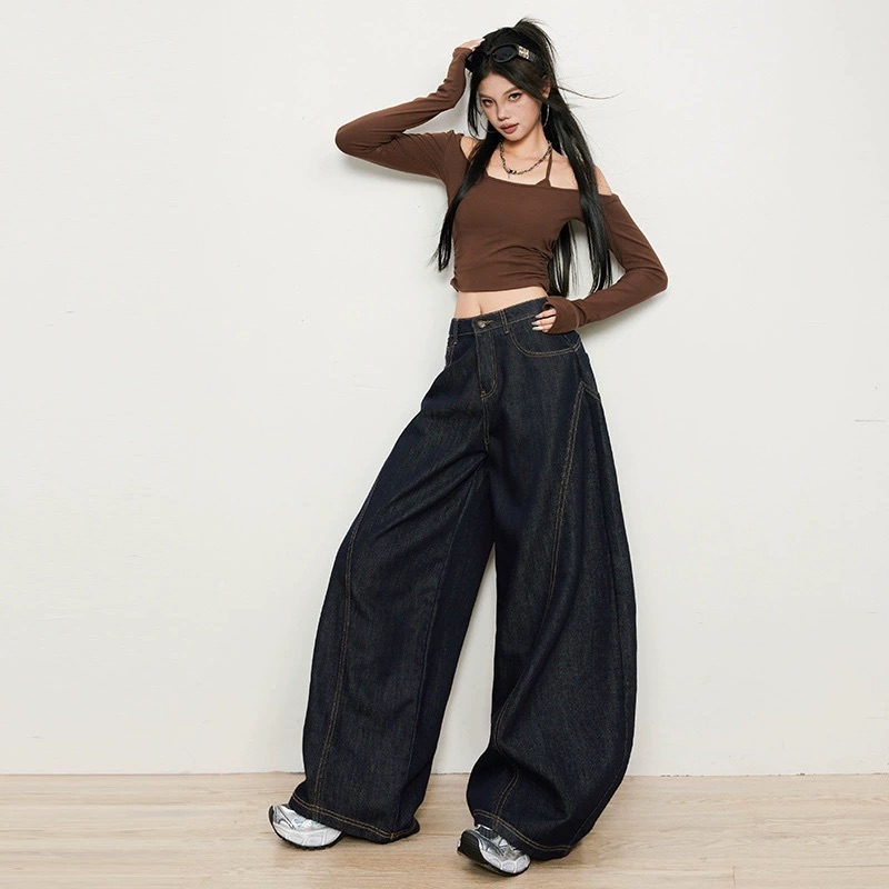 美式復古原色牛仔褲深藍色設計感彎刀牛仔褲寬鬆直筒復古寬褲