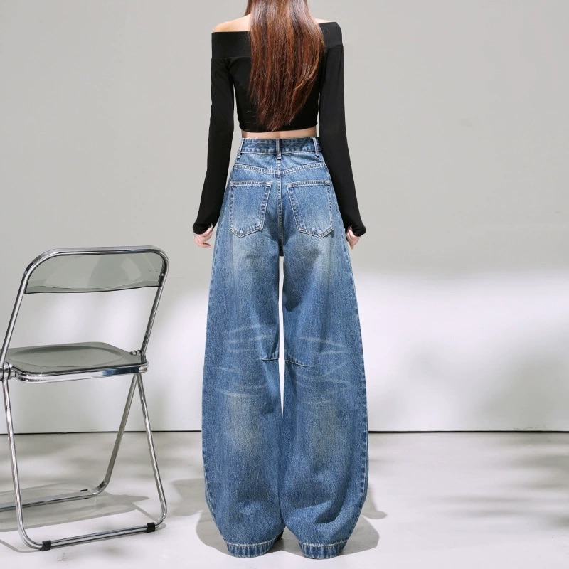 美式復古寬鬆簡約設計感彎刀褲直筒牛仔褲慵懶風潮流時尚長褲