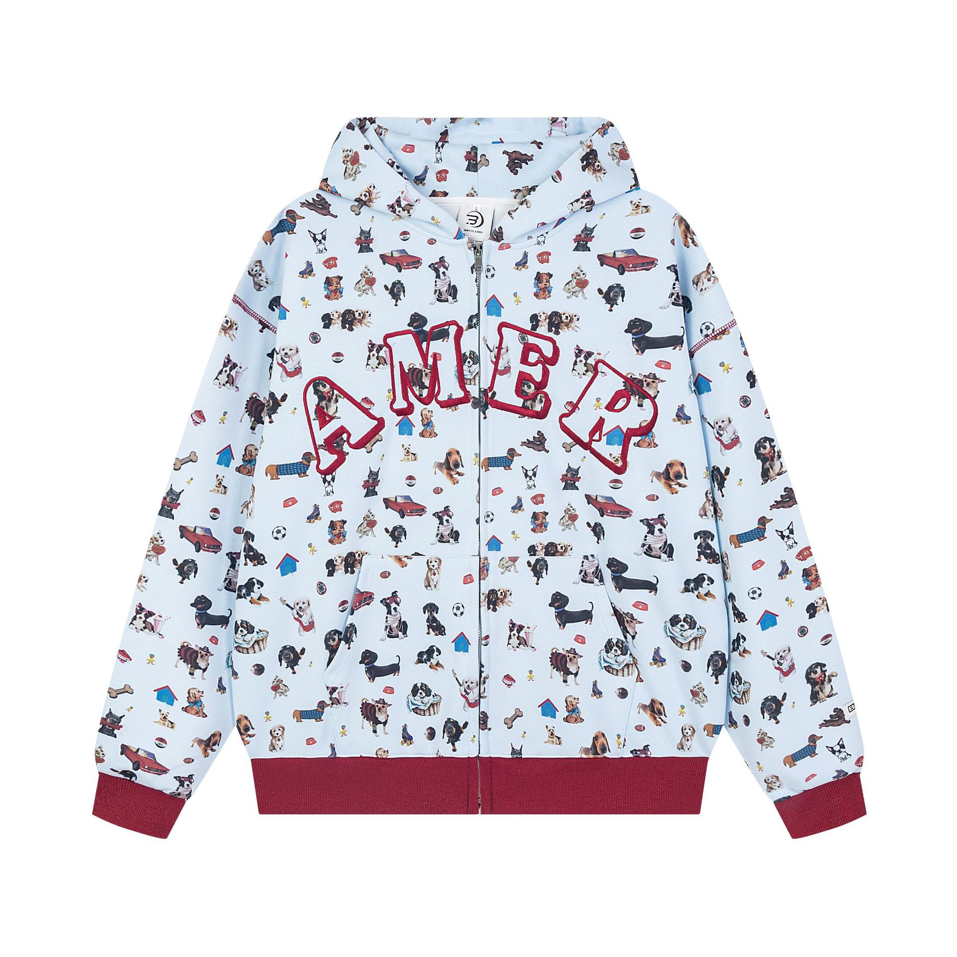 美式復古小狗滿印連帽衛衣外套字母刺繡小眾設計感開衫外套