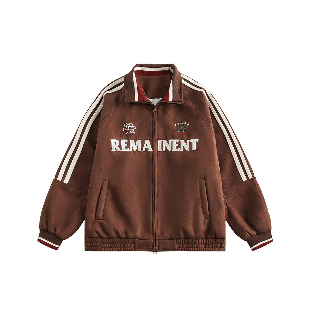 美式復古字母刺繡麂皮絨棒球服寬鬆學院風情侶夾克外套
