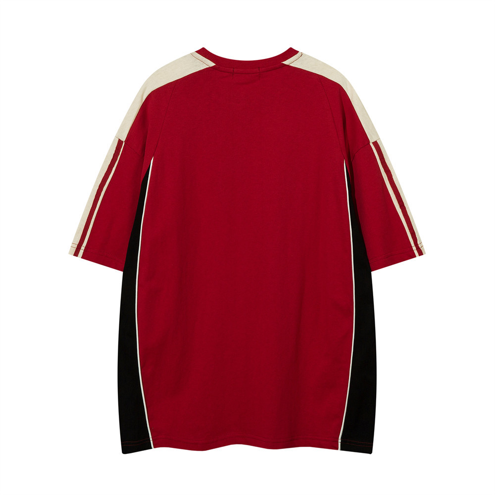 美式運動拼接短袖T恤女寬鬆純棉ins街潮字母情侶Tee