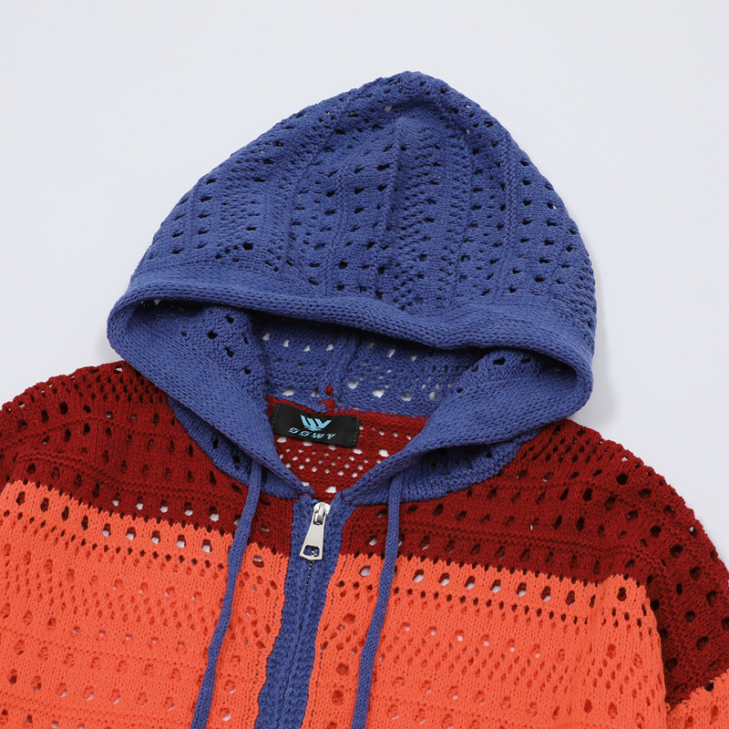 美式復古彩色條紋針織鏤空連帽開衫撞色氛圍感毛衣外套