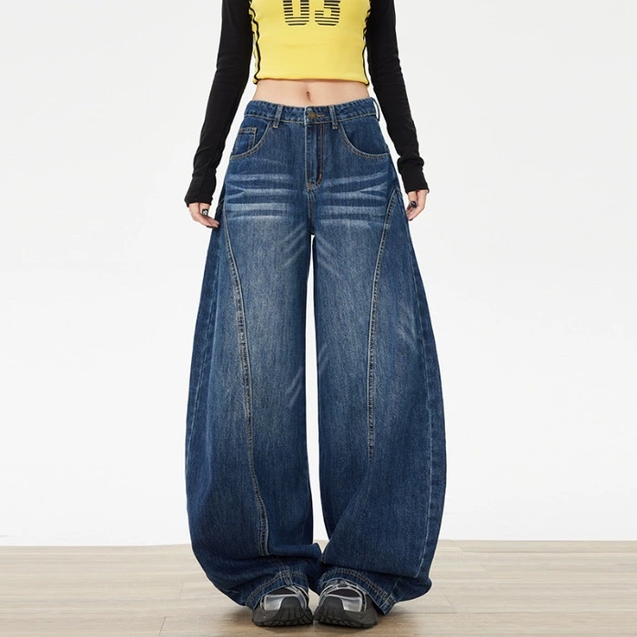 美式復古原色牛仔褲深藍色設計感彎刀牛仔褲寬鬆直筒復古寬褲