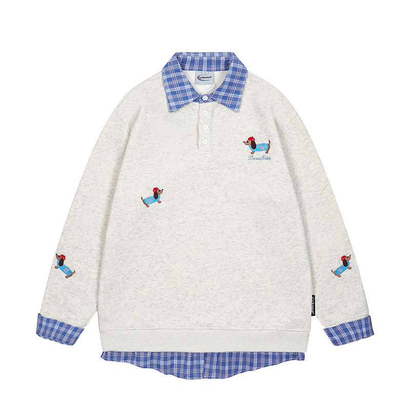 美式復古格紋拼接Polo領加絨衛衣學院風襯衫拼接假兩件情侶套頭上衣