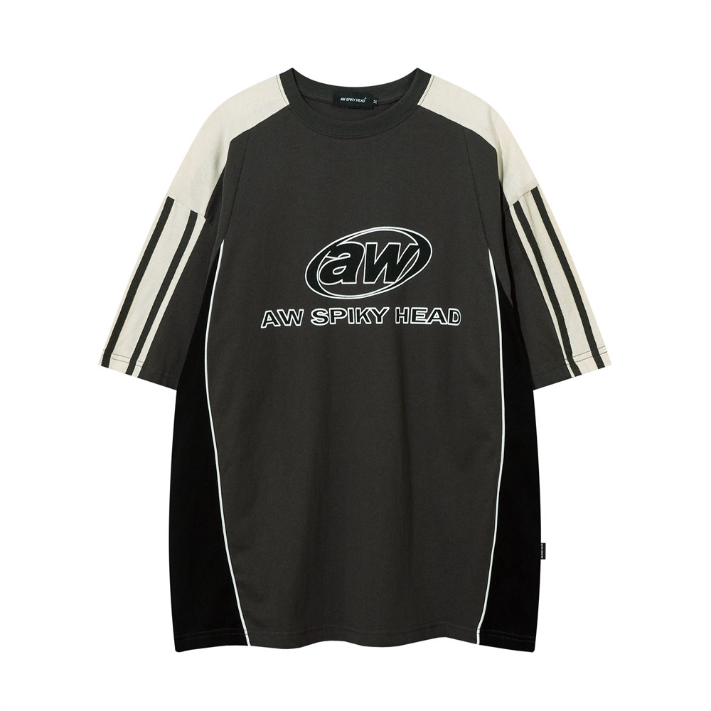 美式運動拼接短袖T恤女寬鬆純棉ins街潮字母情侶Tee