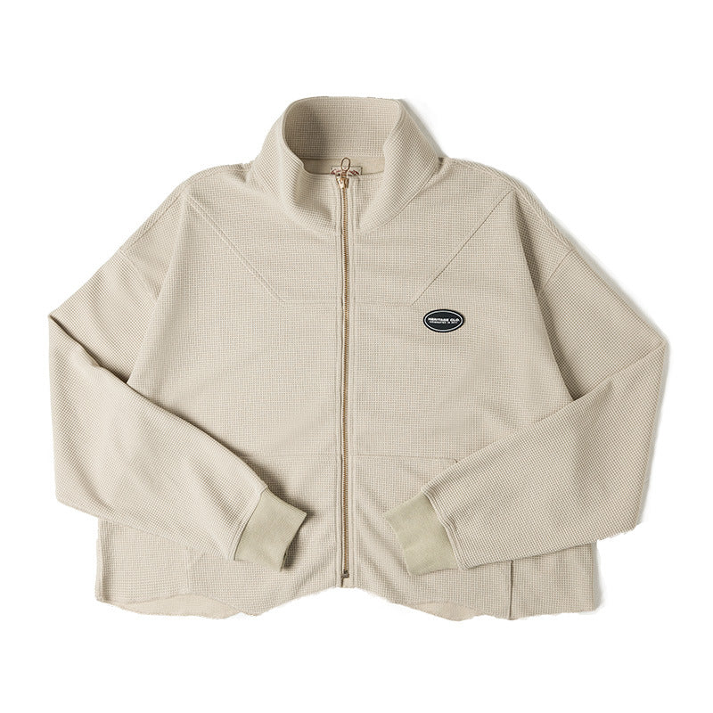 馬登女裝 鹽系寬鬆立領華夫格拉鍊外套休閒短款開衫上衣