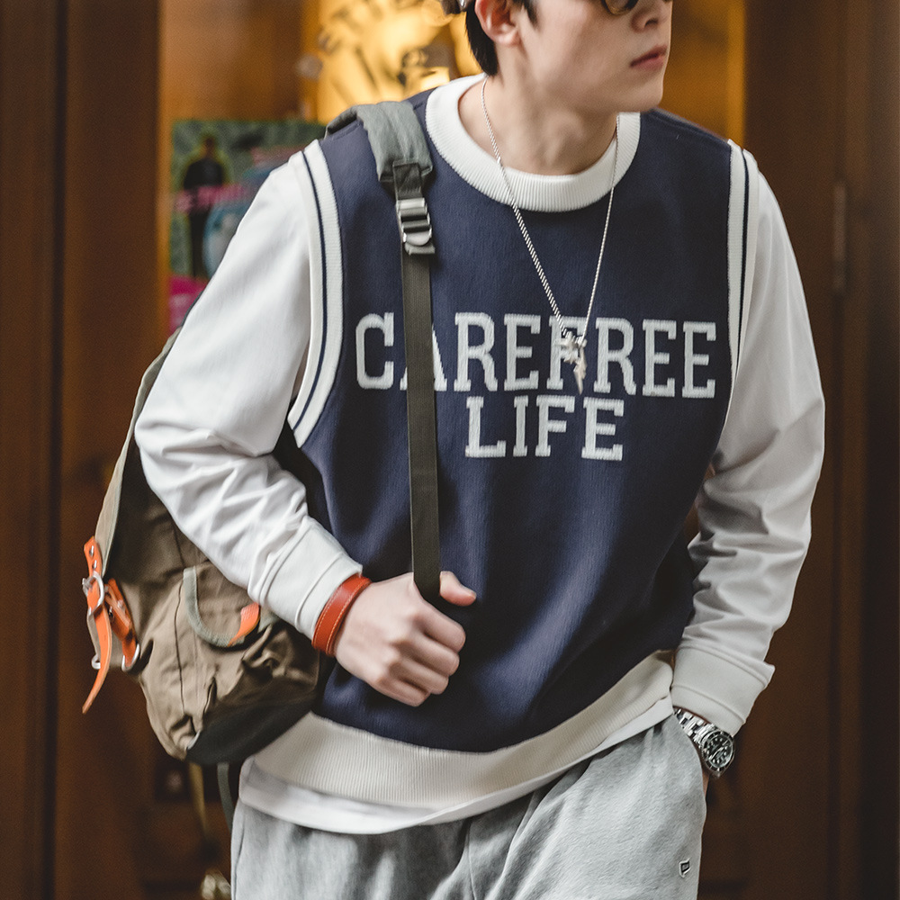 馬登工裝 男女同款學院風針織馬甲背心圓領套頭毛衣無袖疊穿上衣