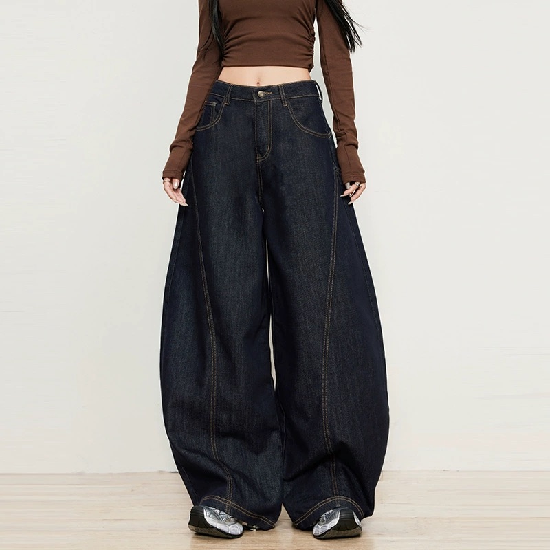 美式復古原色牛仔褲深藍色設計感彎刀牛仔褲寬鬆直筒復古寬褲