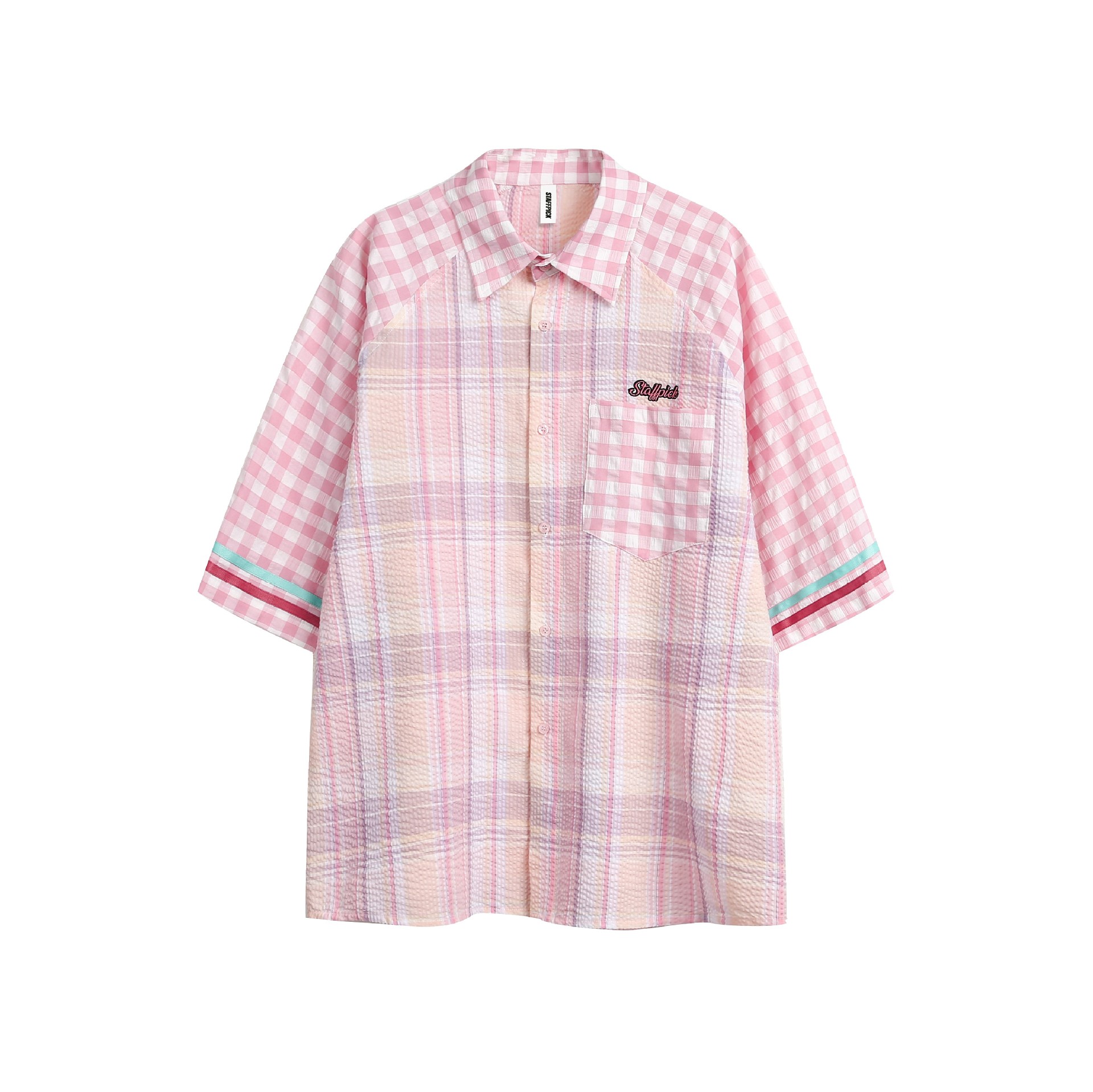 美式復古拼接粉色格子設計感短袖襯衫女寬鬆襯衣外套