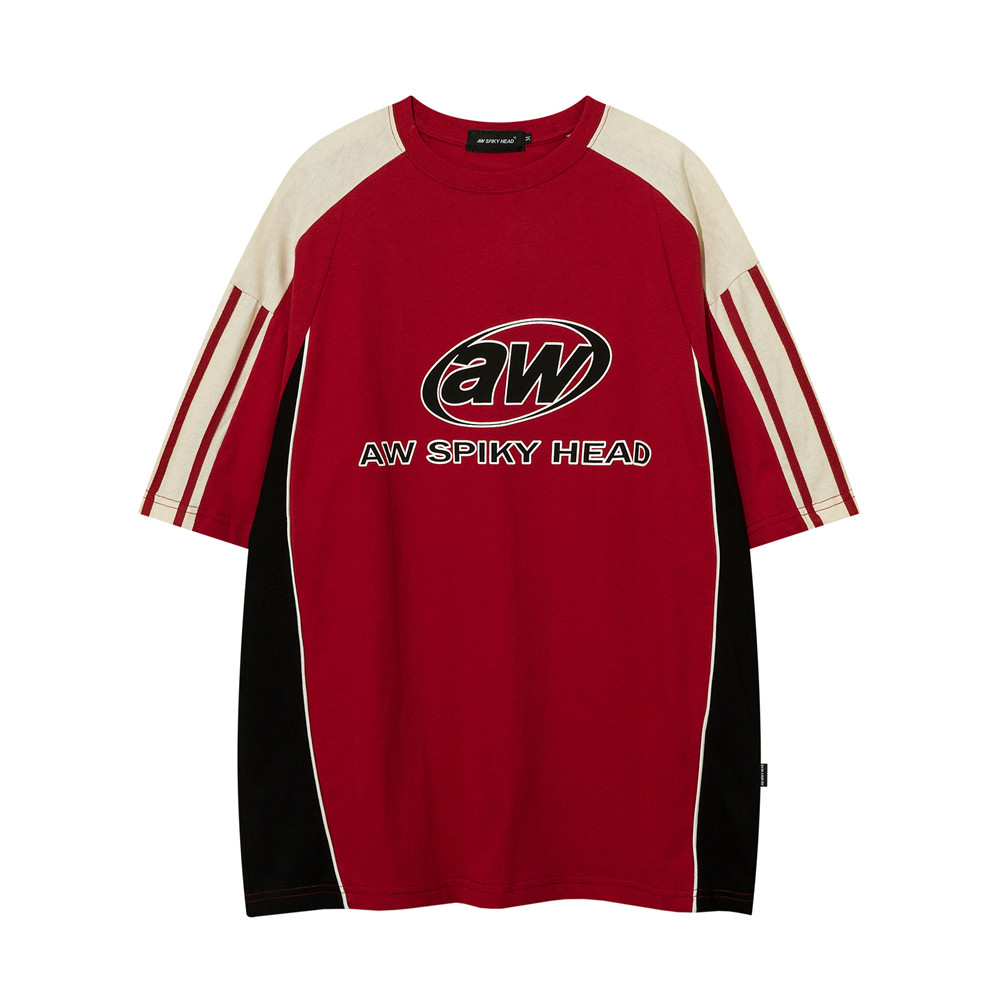 美式運動拼接短袖T恤女寬鬆純棉ins街潮字母情侶Tee