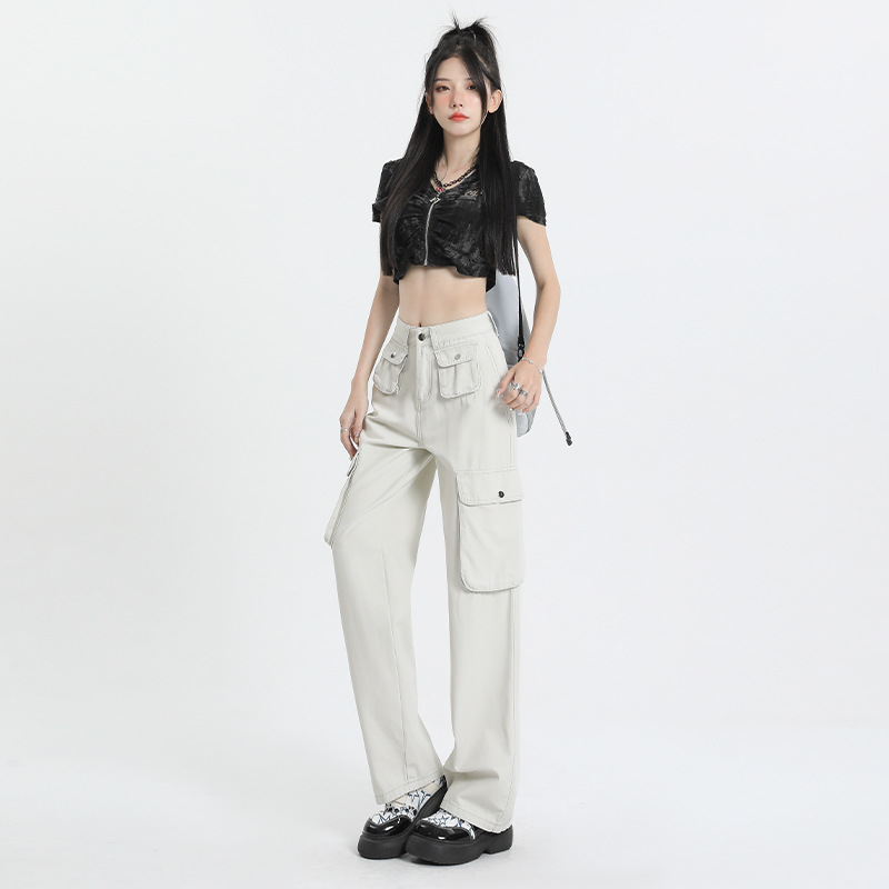 沙白色美式工裝褲女高腰復古寬鬆顯瘦直筒闊腿褲