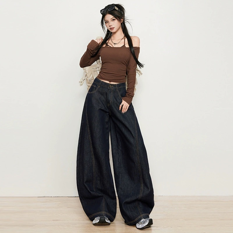 美式復古原色牛仔褲深藍色設計感彎刀牛仔褲寬鬆直筒復古寬褲