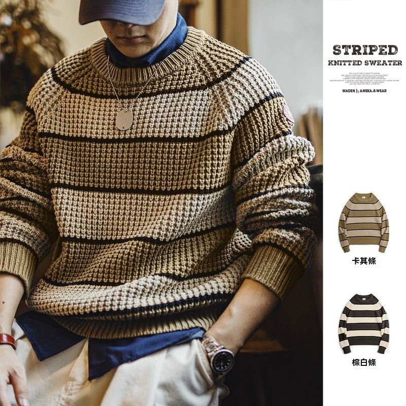 馬登工裝 美式復古撞色鳳梨條紋毛衣肌理感套頭圓領打底針織衫秋冬