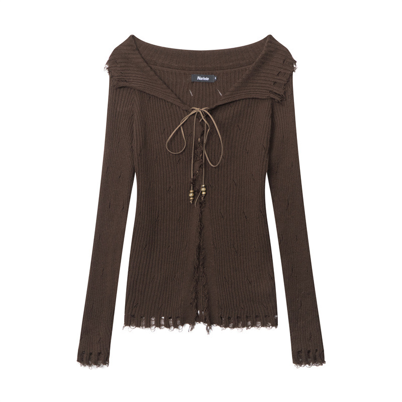 美式辣妹風破洞時尚設計感綁帶修身顯瘦長袖針織衫女秋季