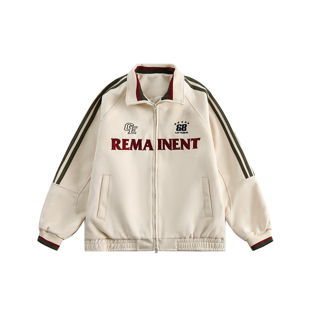 美式復古字母刺繡麂皮絨棒球服寬鬆學院風情侶夾克外套