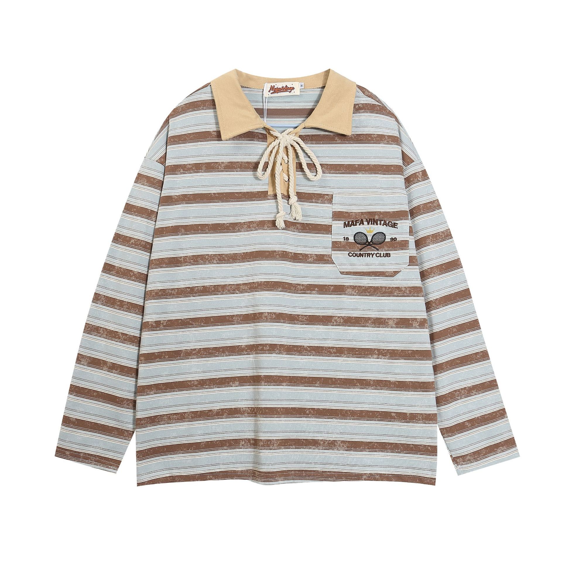 美式復古學院風條紋長袖Polo衫撞色氛圍感Oversize翻領情侶上衣