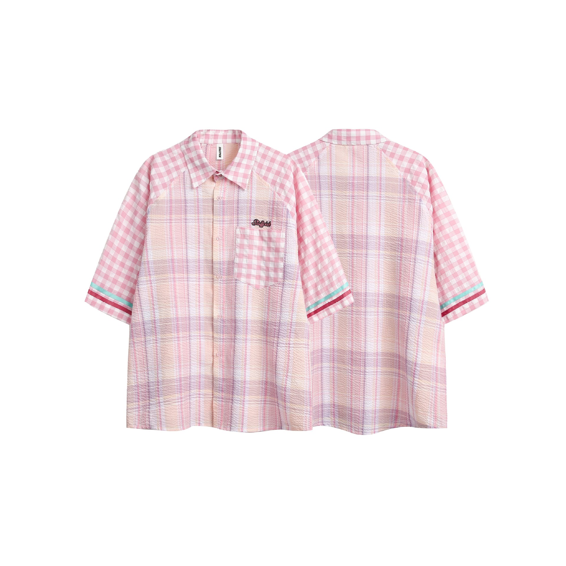 美式復古拼接粉色格子設計感短袖襯衫女寬鬆襯衣外套