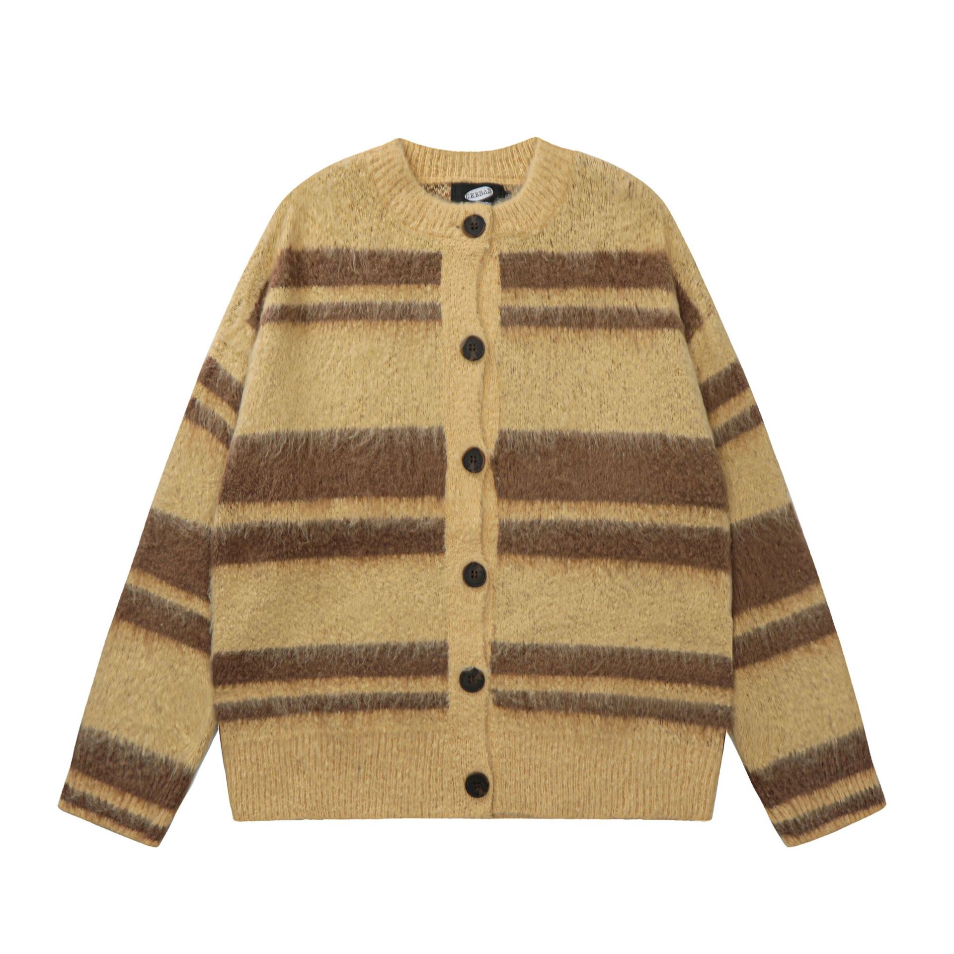 美式復古軟糯仿貂毛針織衫外套秋冬條紋慵懶寬鬆情侶外套