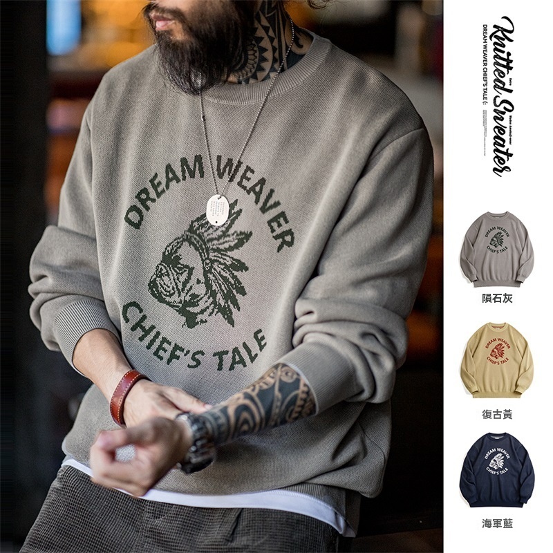 馬登工裝 美式復古仿亞麻字母撞色毛衣阿美哢嘰套頭圓領針織衫男秋冬