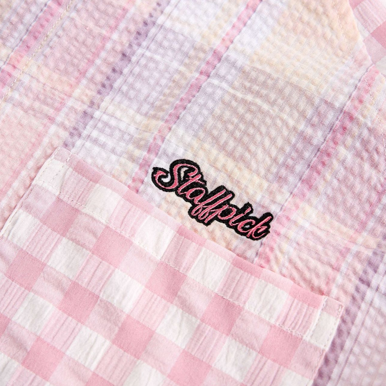 美式復古拼接粉色格子設計感短袖襯衫女寬鬆襯衣外套