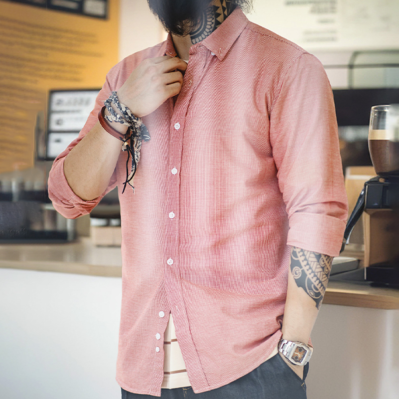 馬登工裝 美式休閒千鳥格襯衫純棉通勤商務格子長袖襯衣男