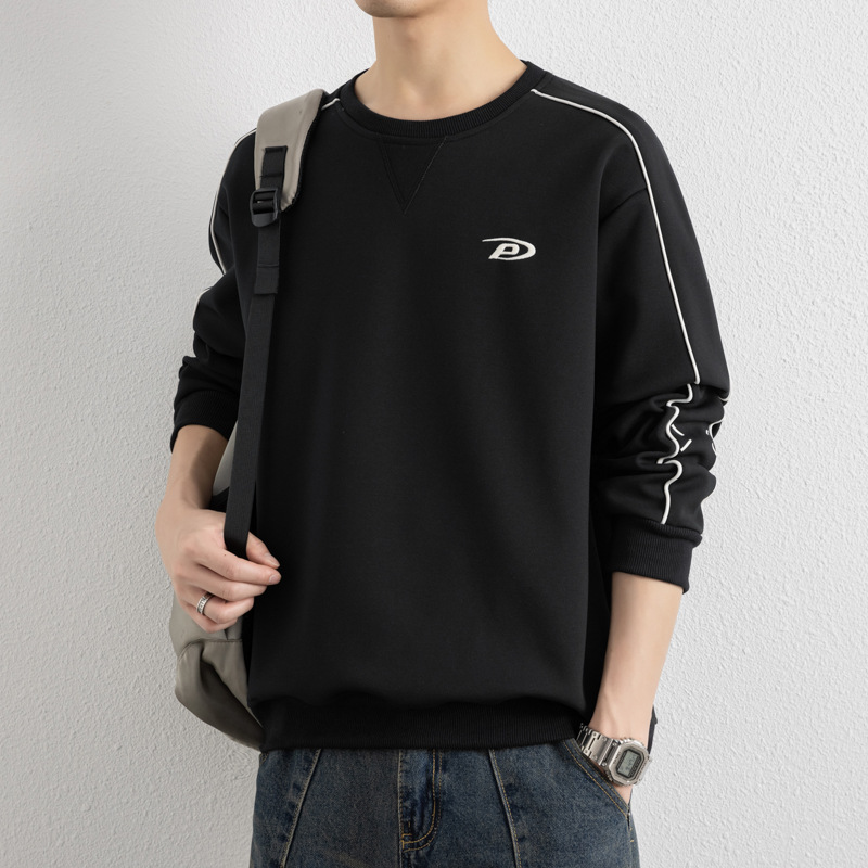 潮牌字母刺繡立體線條紋衛衣秋季寬鬆圓領長袖套頭衫