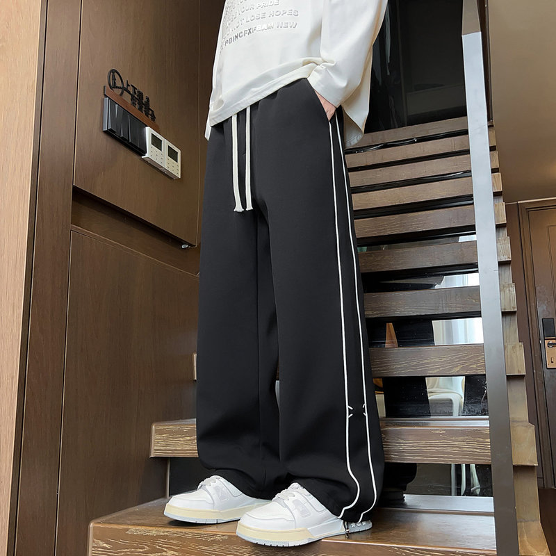 時尚簡約立體條紋直筒束腳休閒褲男士鬆緊腰寬鬆闊腿衛褲