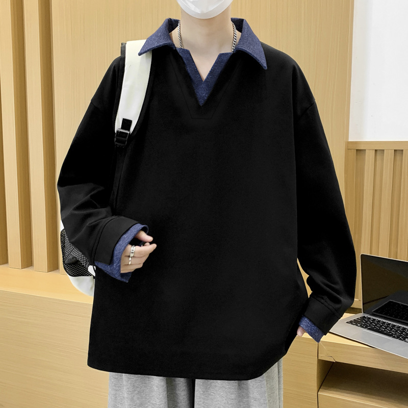 氣質拼色翻領假兩件設計感衛衣秋季男士帥氣潮流港風長袖套頭衫