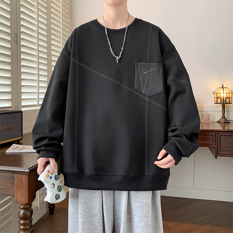 簡約線條紋理圓領衛衣秋季男士時尚ins港風寬鬆長袖套頭衫
