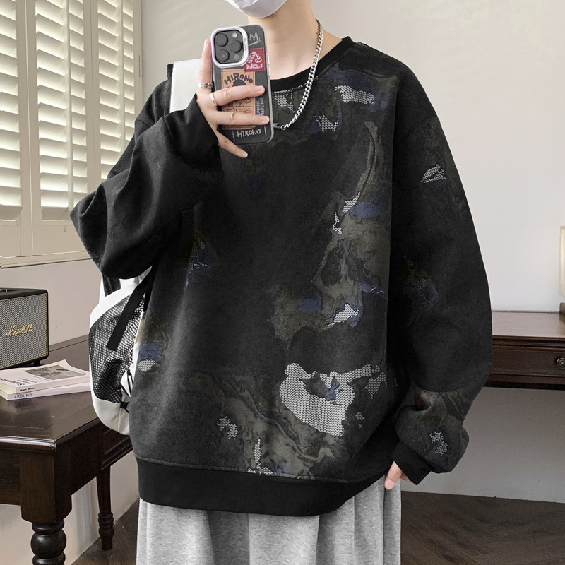 潮流復古羅紋特色滿印紮染設計感衛衣秋季男士寬鬆長袖套頭衫