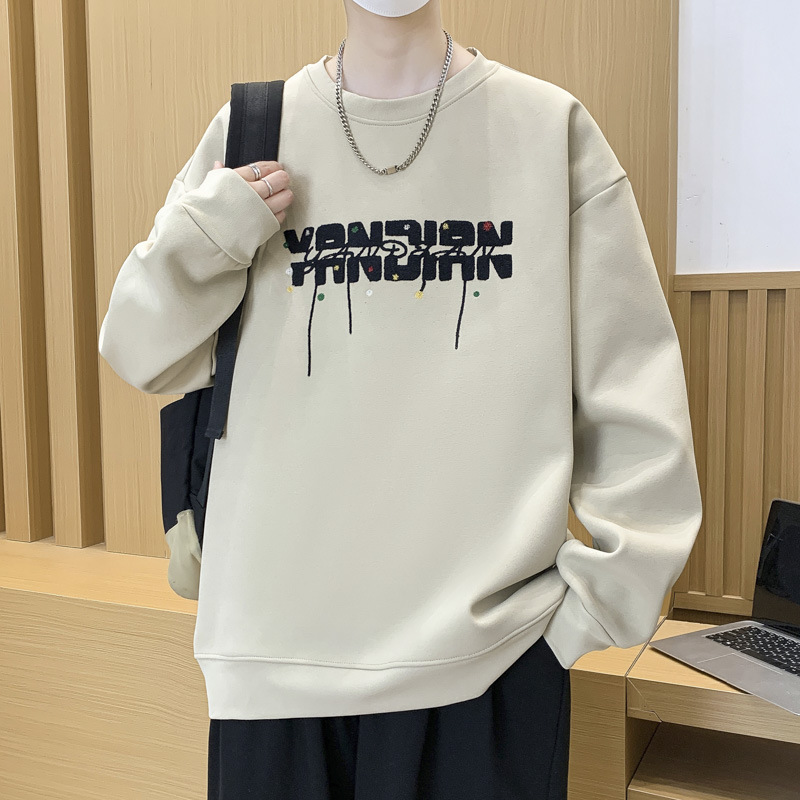 潮流復古迪桑羅紋毛巾繡設計感衛衣秋季男士寬鬆長袖套頭衫