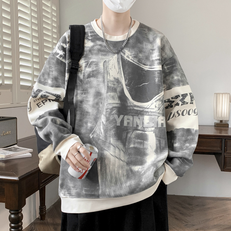 復古潮流迪桑羅紋個性圖案滿印設計感衛衣秋季男士寬鬆長袖套頭衫