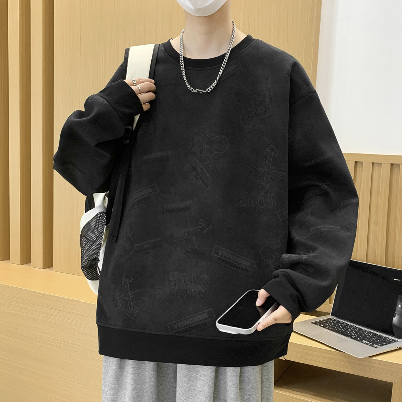 復古潮流迪桑羅紋個性圖案滿印設計感衛衣秋季男士寬鬆長袖套頭衫
