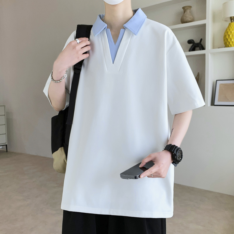 潮流拼色翻領設計感假兩件短袖T卹男士夏季休閒百搭時尚Polo衫