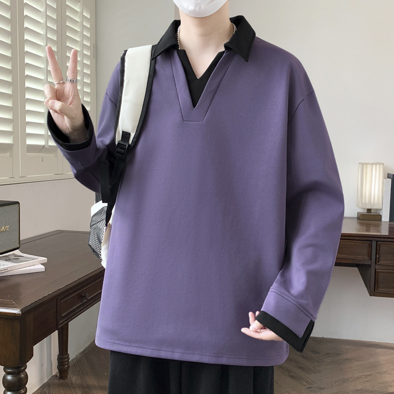 氣質拼色翻領假兩件設計感衛衣秋季男士帥氣潮流港風長袖套頭衫