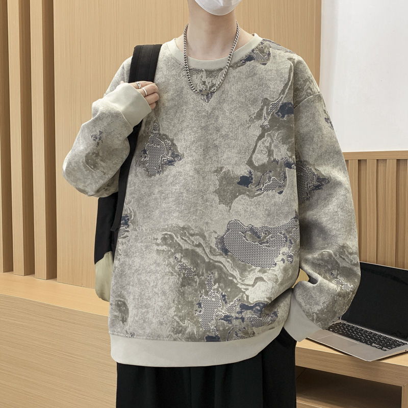 潮流復古羅紋特色滿印紮染設計感衛衣秋季男士寬鬆長袖套頭衫