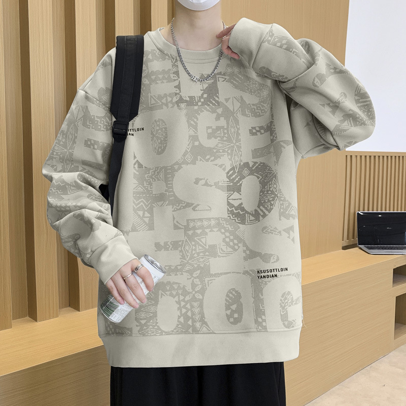復古潮流滿印字母圖案設計感衛衣秋季男士寬鬆長袖套頭衫