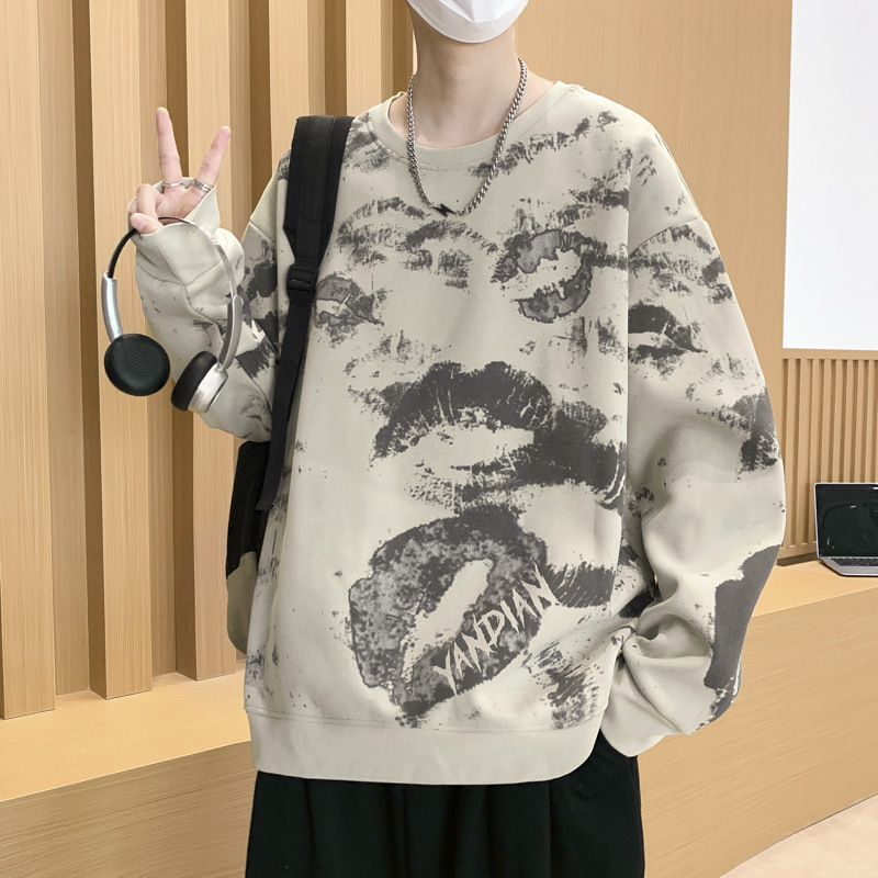 復古潮流迪桑羅紋唇紋印花個性設計感衛衣秋季男士寬鬆長袖套頭衫