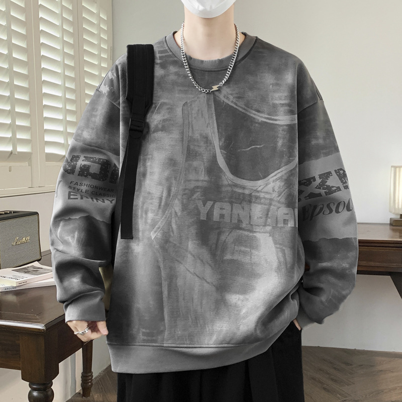 復古潮流迪桑羅紋個性圖案滿印設計感衛衣秋季男士寬鬆長袖套頭衫