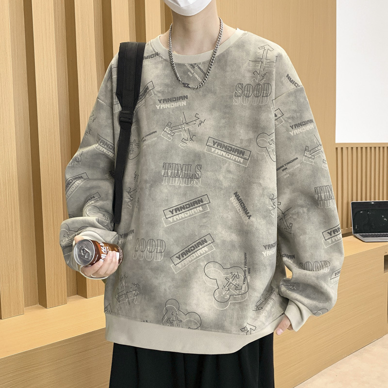 復古潮流迪桑羅紋個性圖案滿印設計感衛衣秋季男士寬鬆長袖套頭衫
