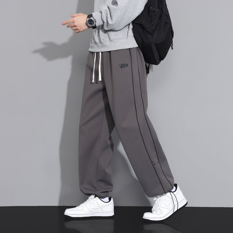 時尚簡約立體條紋直筒束腳休閒褲男士鬆緊腰寬鬆闊腿衛褲