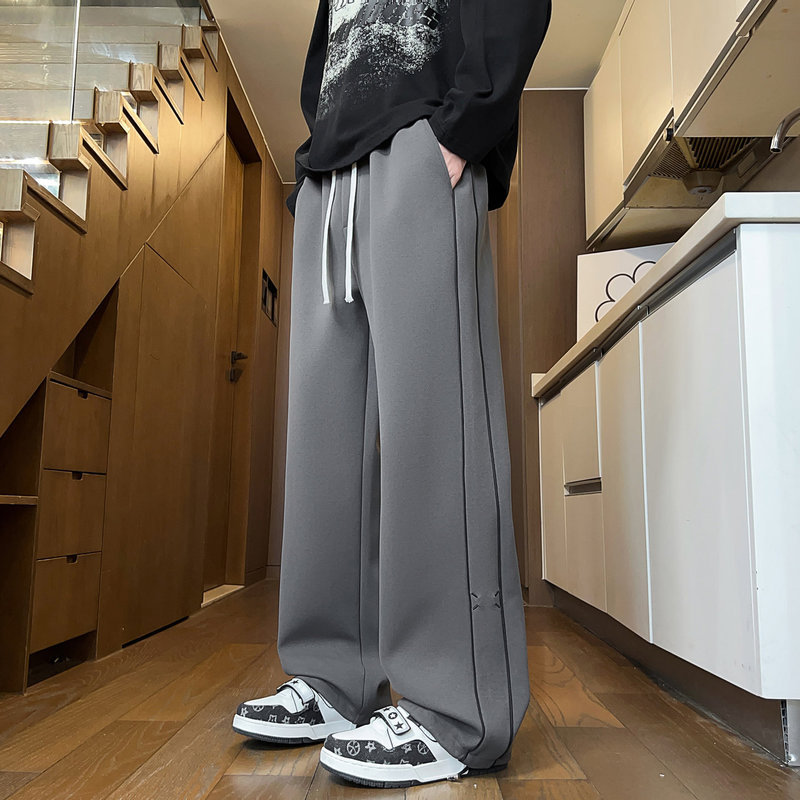 時尚簡約立體條紋直筒束腳休閒褲男士鬆緊腰寬鬆闊腿衛褲