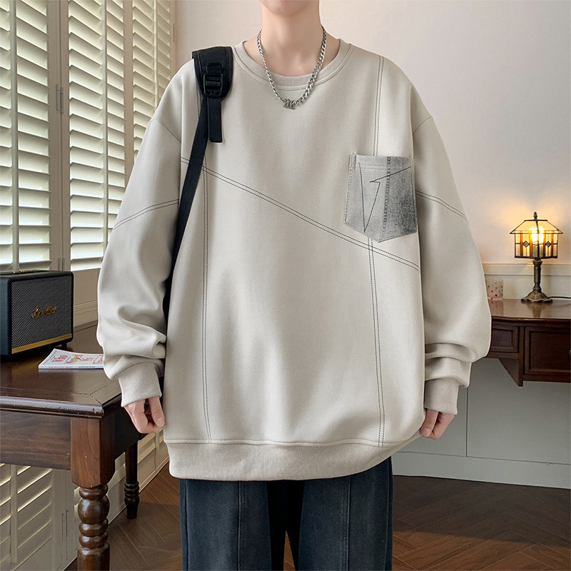簡約線條紋理圓領衛衣秋季男士時尚ins港風寬鬆長袖套頭衫