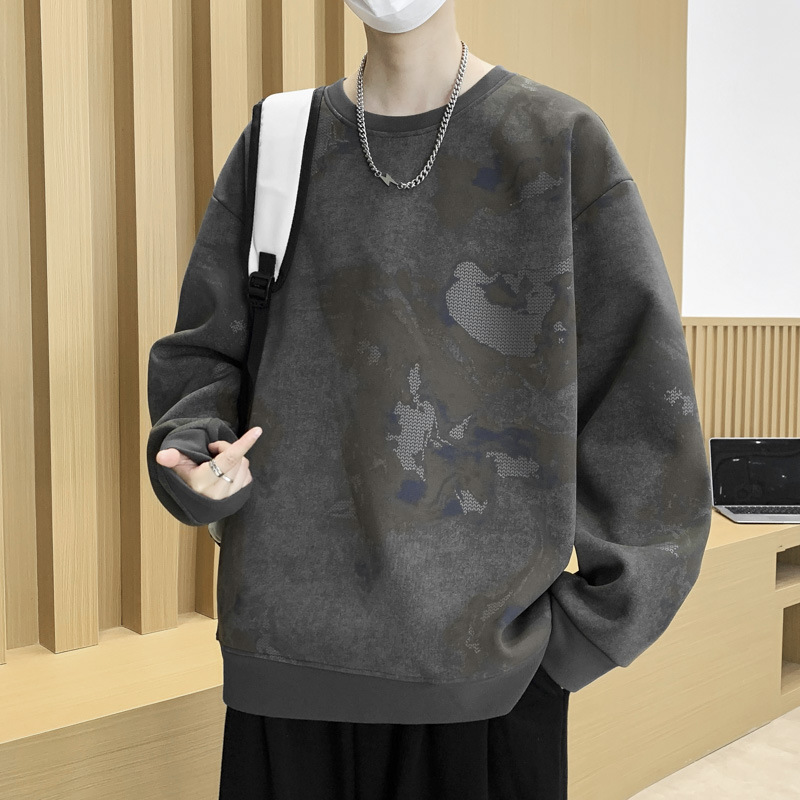 潮流復古羅紋特色滿印紮染設計感衛衣秋季男士寬鬆長袖套頭衫