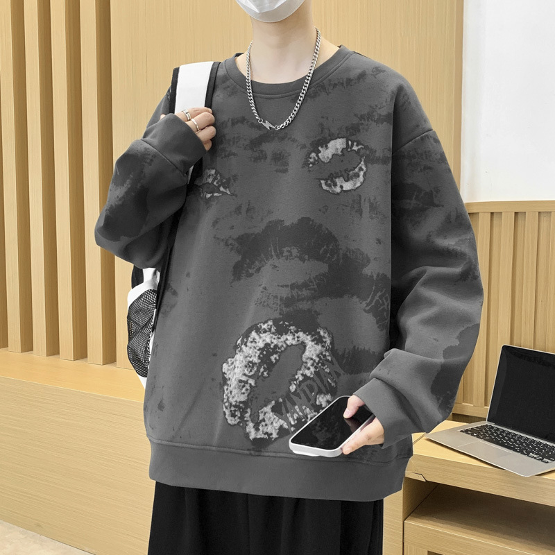 復古潮流迪桑羅紋唇紋印花個性設計感衛衣秋季男士寬鬆長袖套頭衫